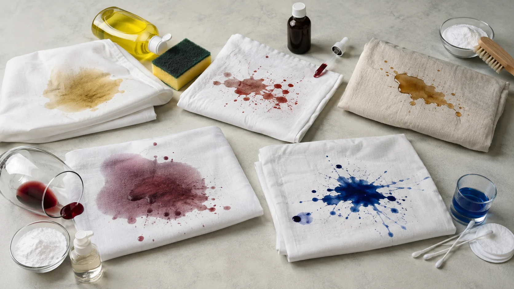 Grease blood coffee wine and ink stains on clothing