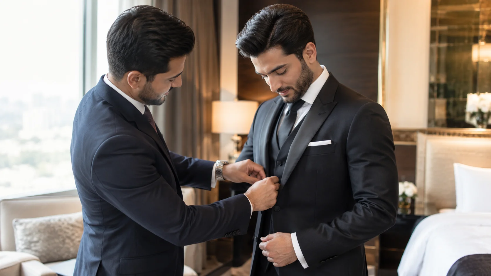 Groom getting ready in a formal wedding suit