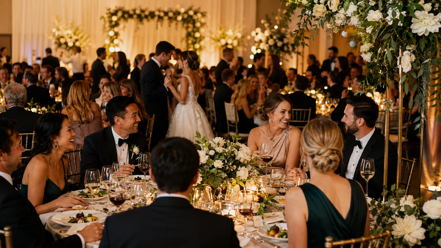 Adult wedding guests enjoying dinner talking and dancing at an elegant wedding reception