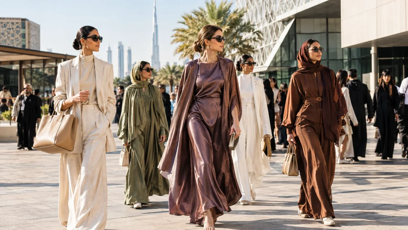 Guests-in-light-linen-and-satin-outfits-arriving-at-Dubai-Fashion-Week-at-Dubai-Design-District.