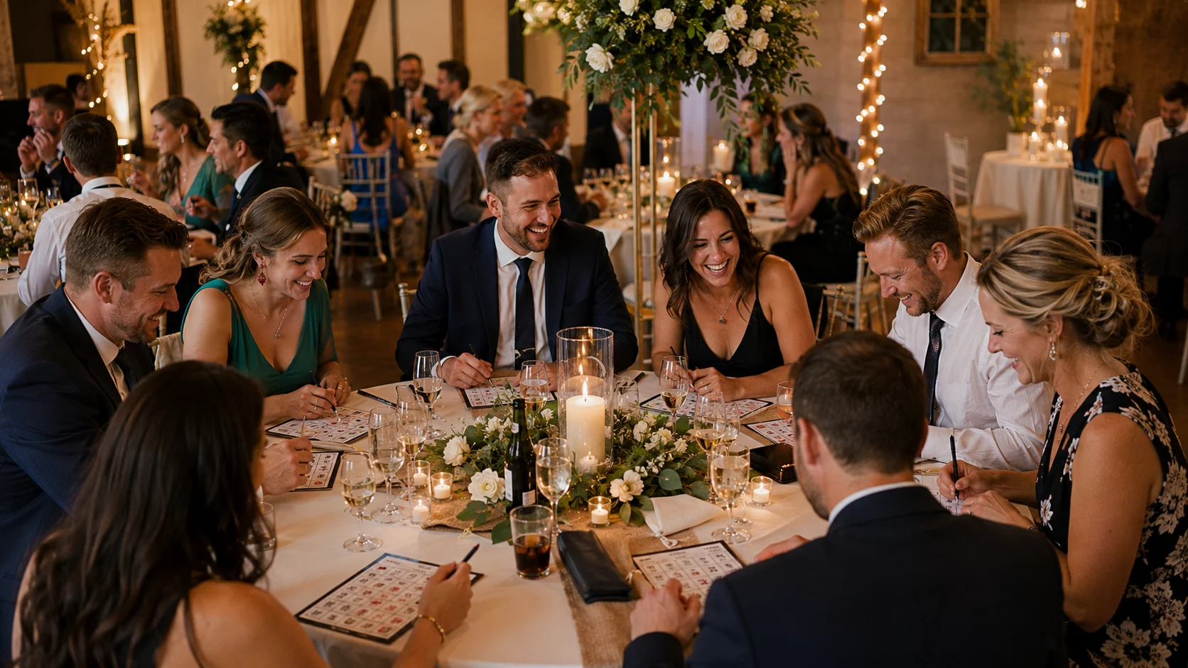 Adult wedding guests playing wedding bingo and couple trivia at a decorated reception table