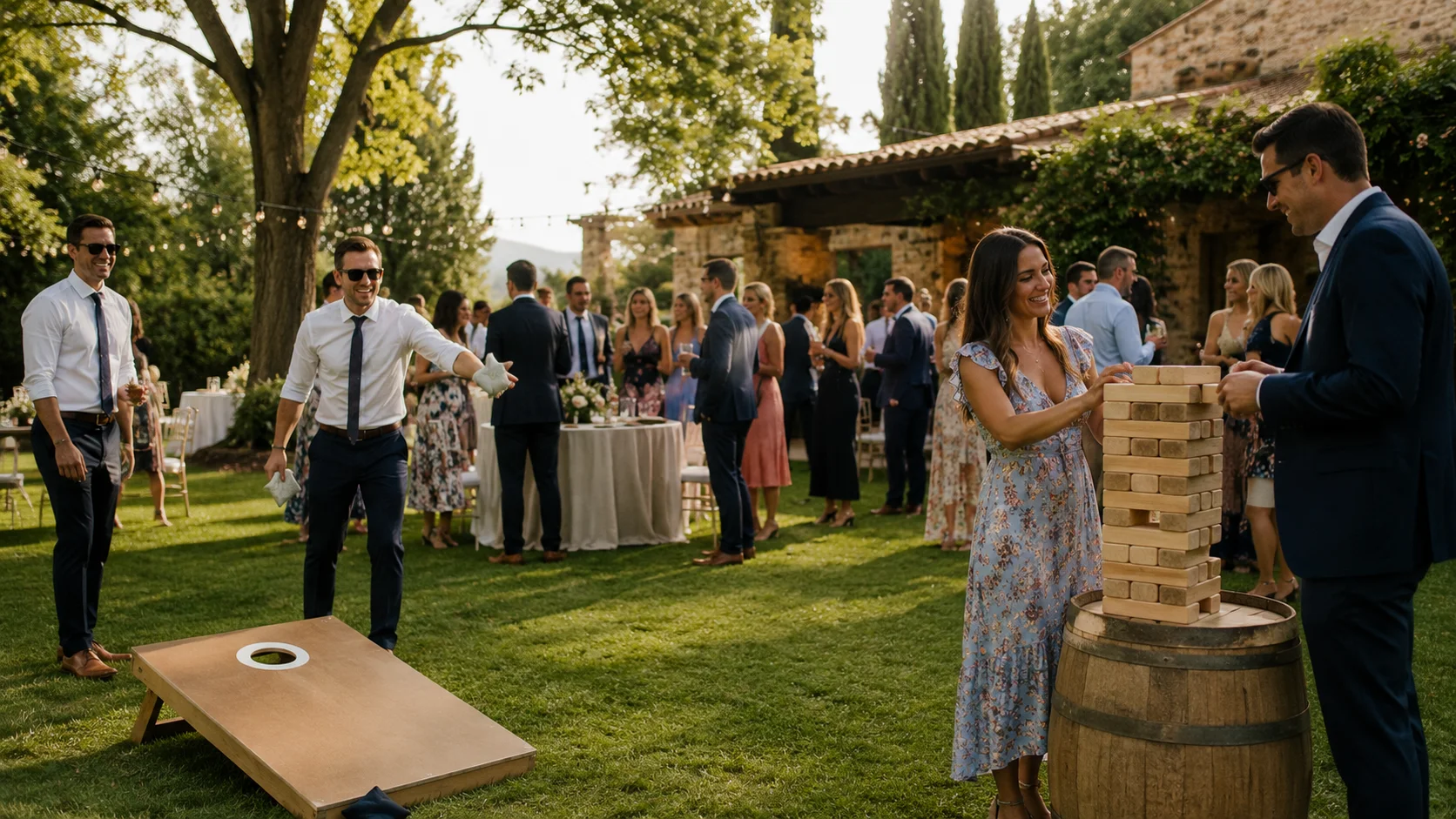 Adult wedding guests playing cornhole and giant Jenga on a lawn at an outdoor wedding reception
