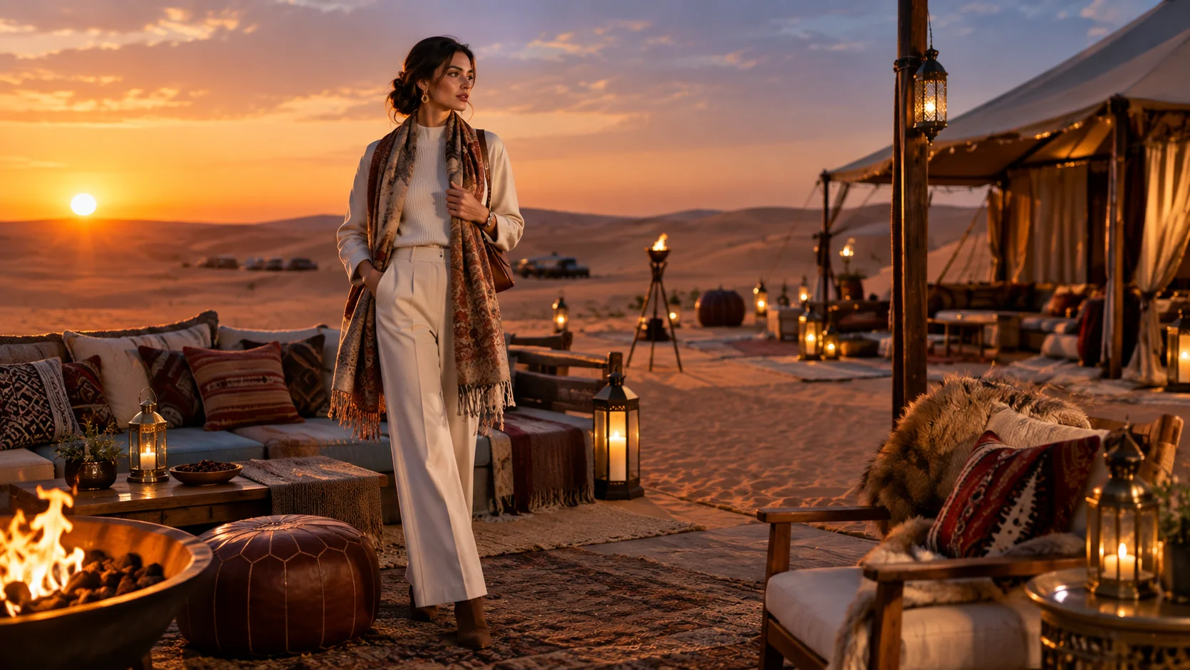 Layered winter outfit with jacket, scarf and closed shoes for a Dubai desert evening