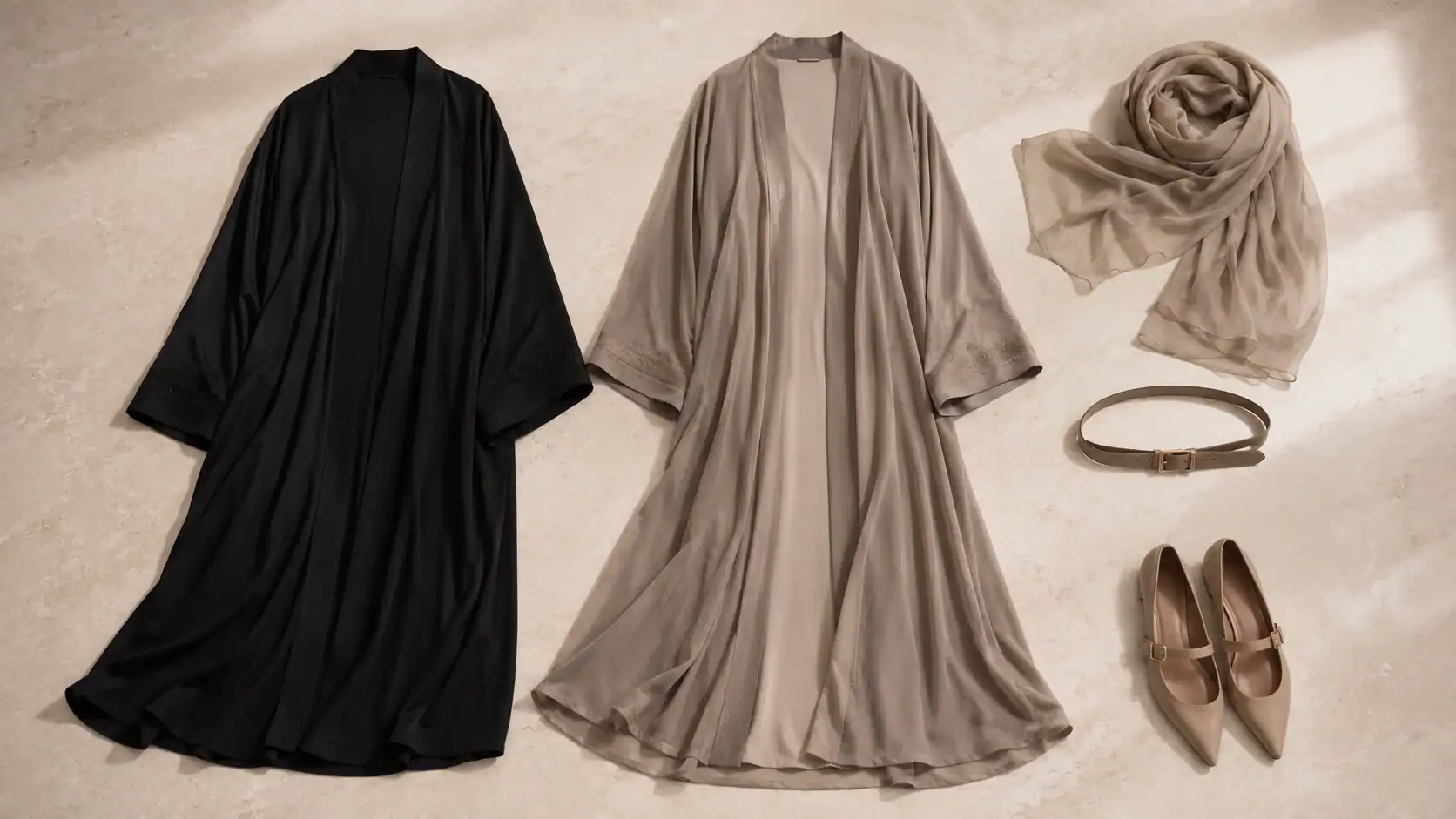 Modern abaya capsule wardrobe with two abayas, belt, sheila and low heels