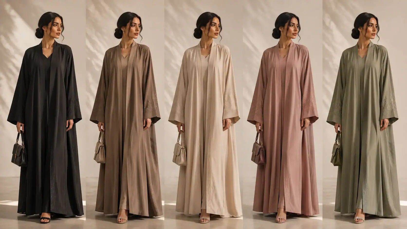 Modern abaya colour palette: black, mocha, sand, dusty rose and sage