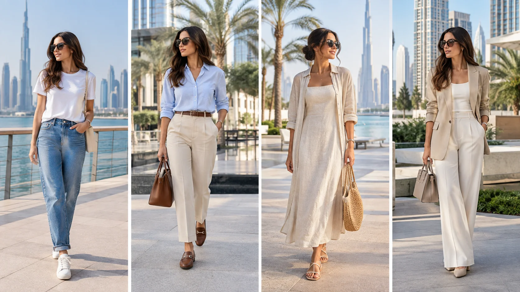 Multiple outfits created from a versatile minimalist wardrobe