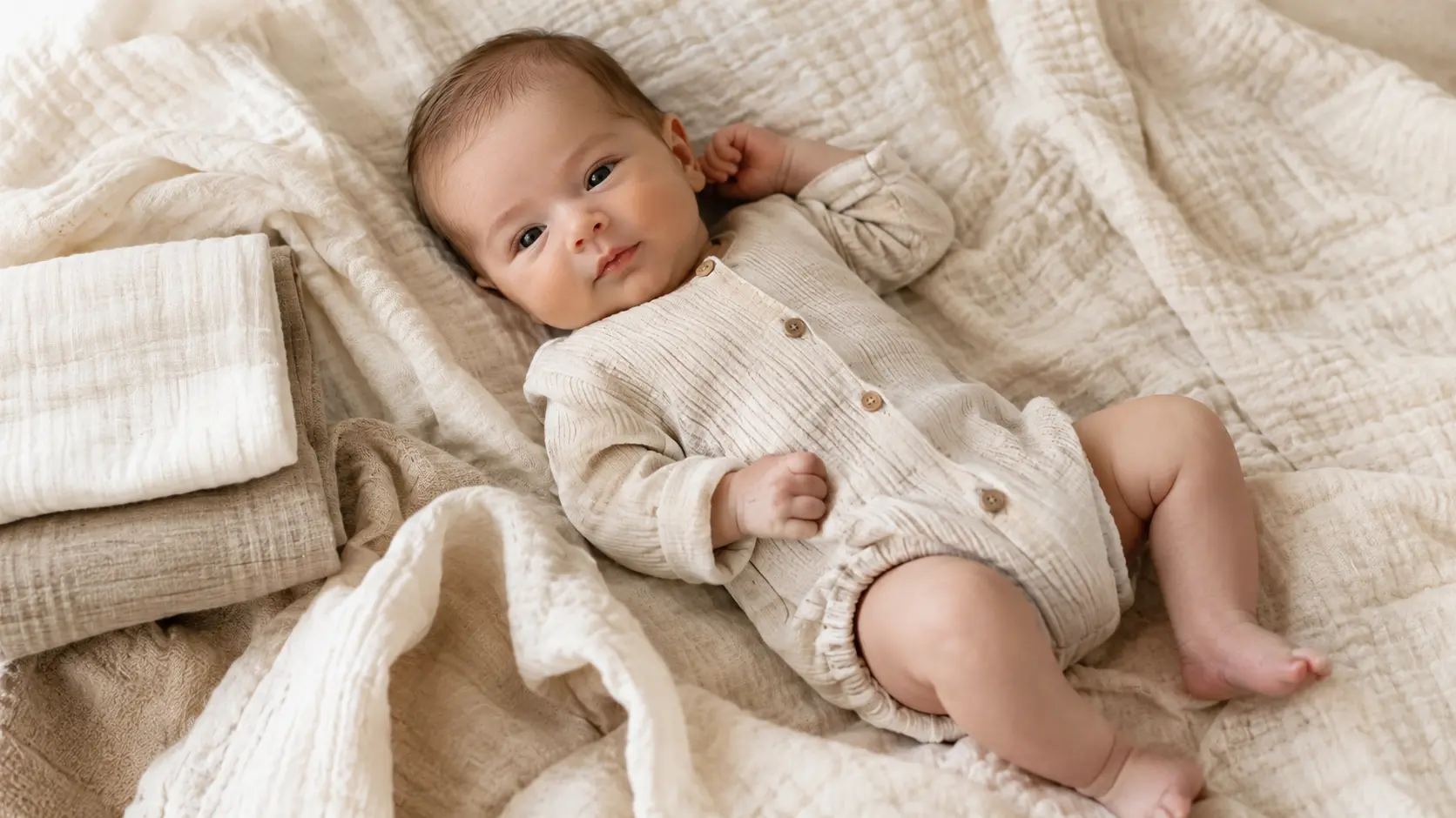 Newborn baby wearing soft organic cotton clothing on a muslin blanket