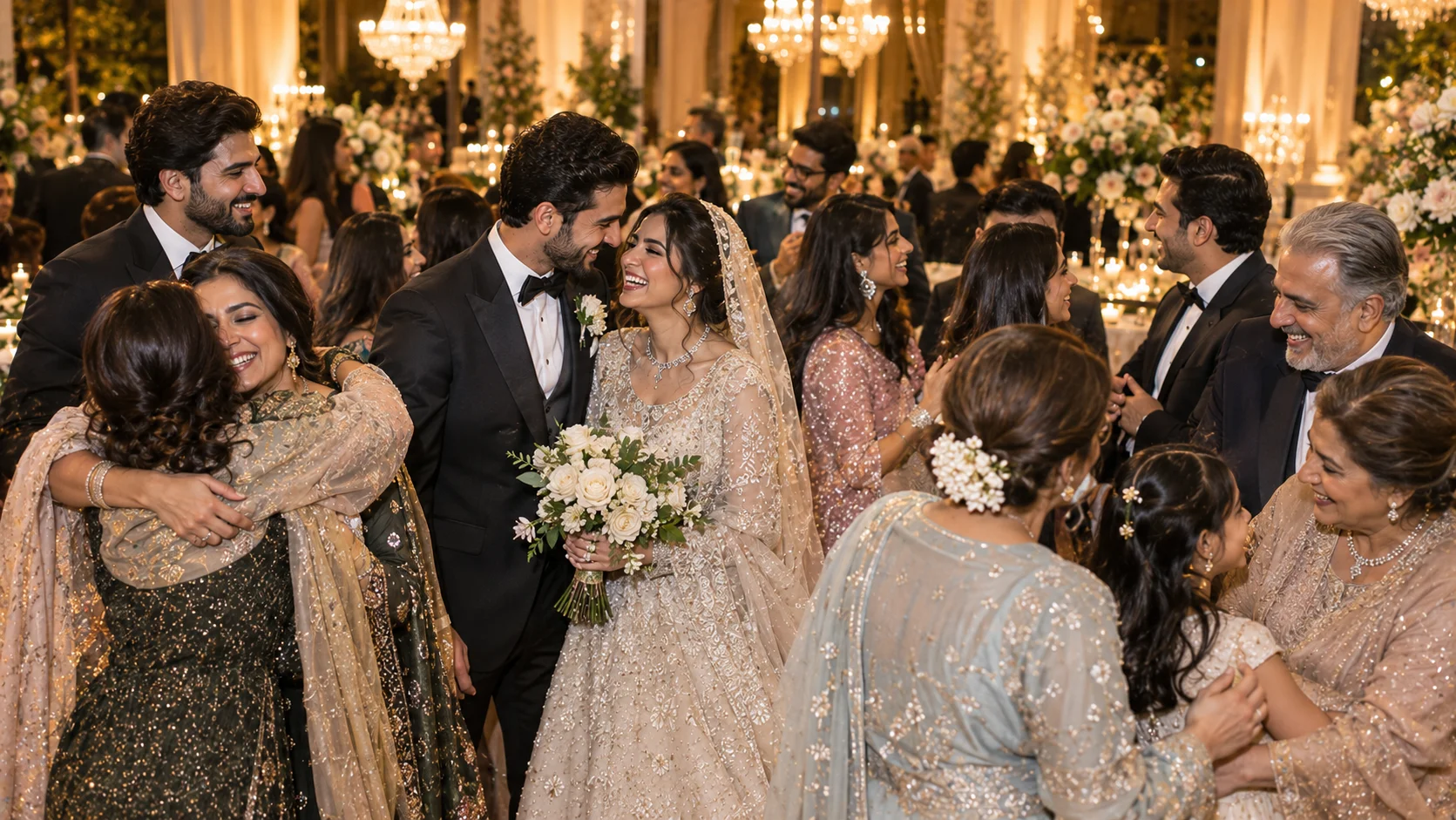 Newlywed couple celebrating with family and wedding guests