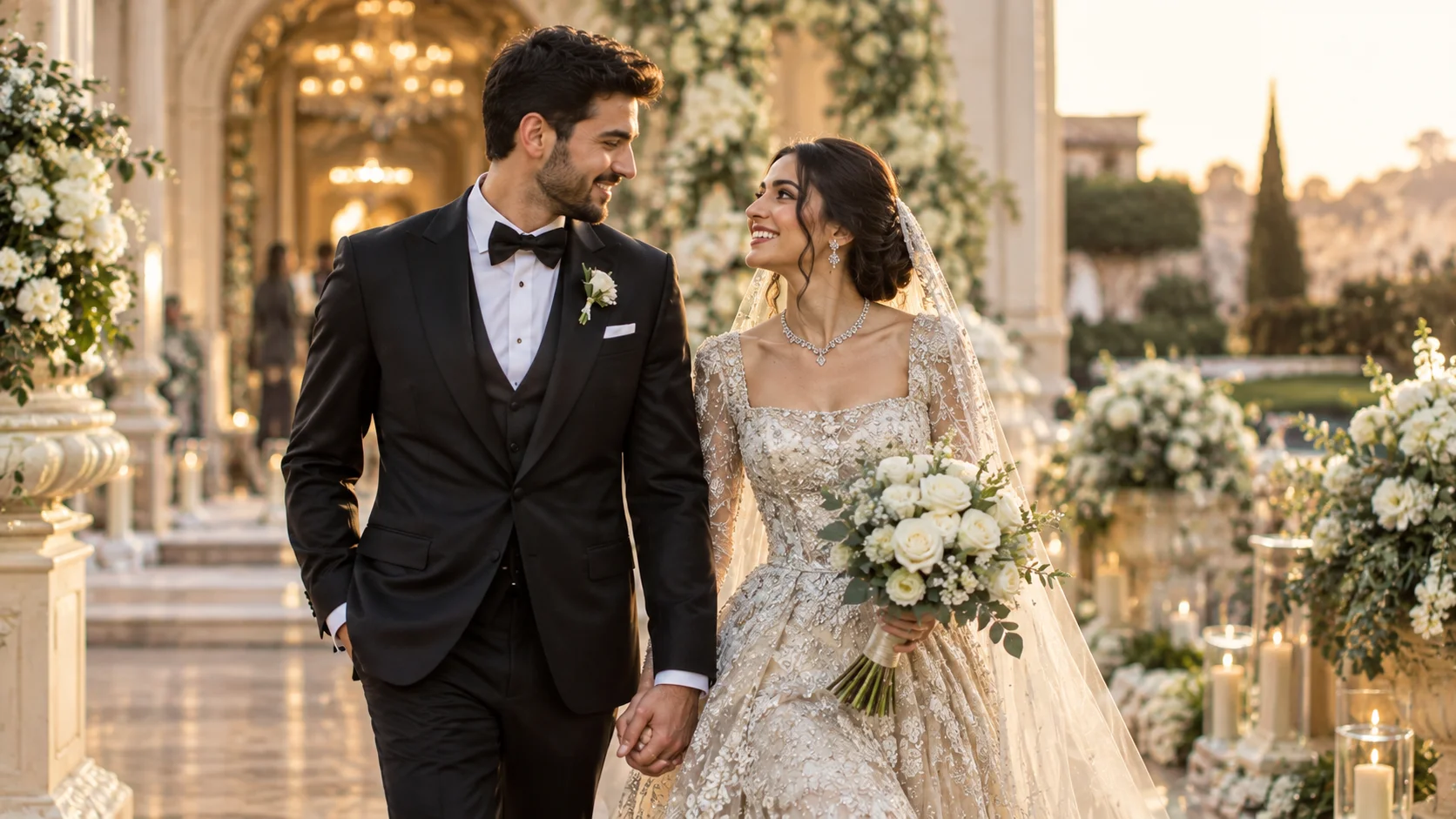 Newlywed couple posing together for wedding portraits