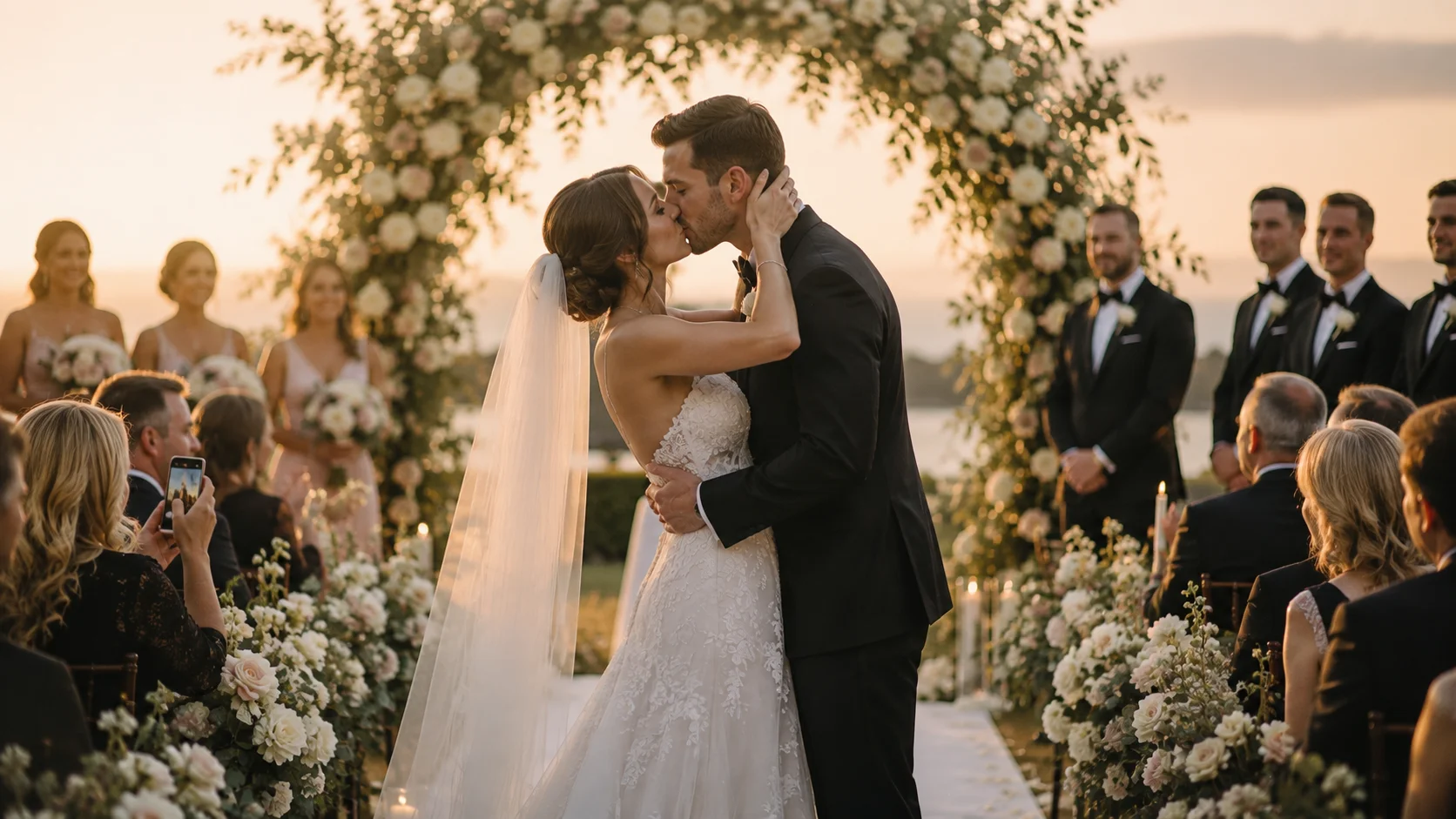 Newlywed couple sharing their first kiss at the wedding