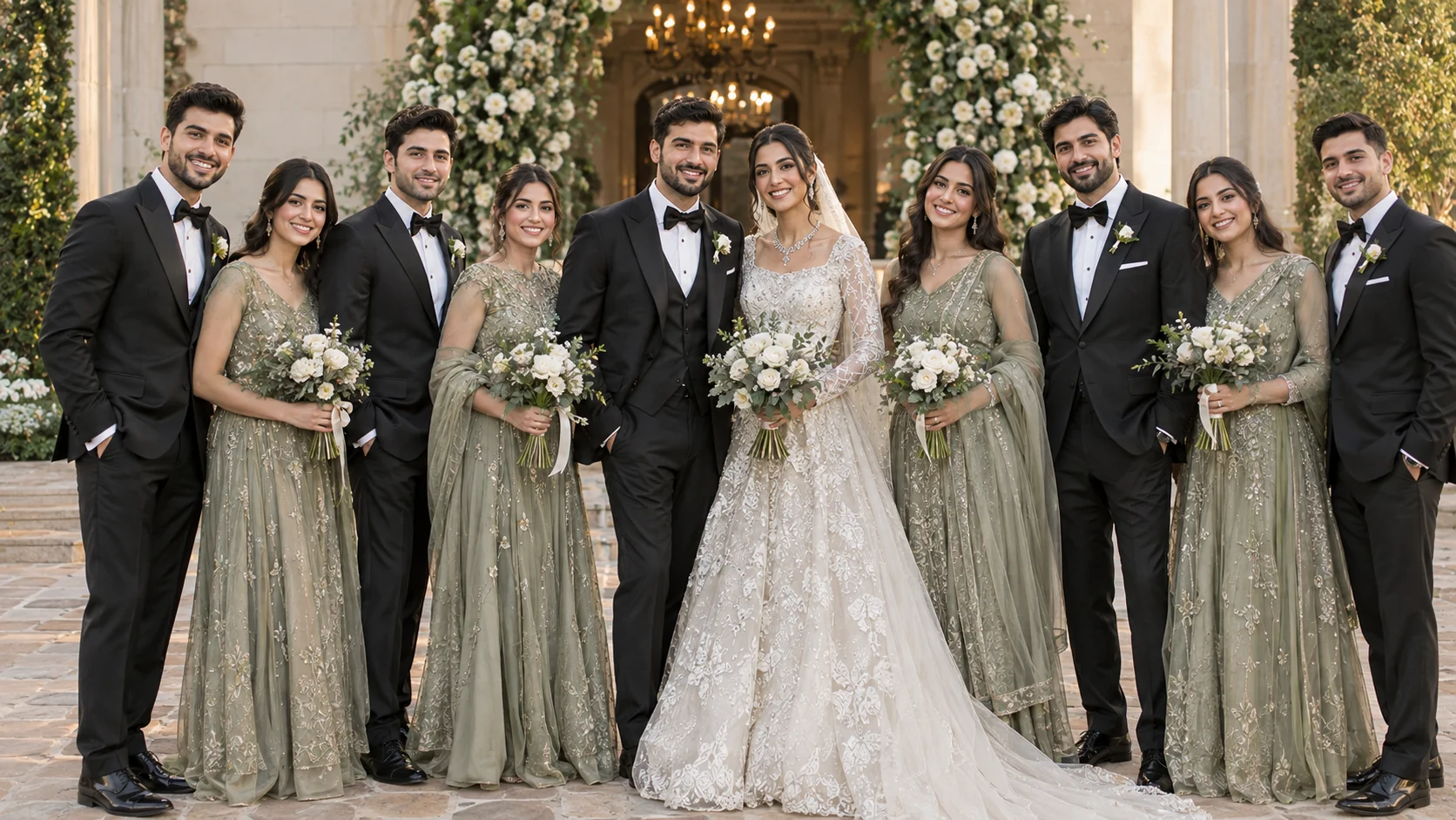 Newlywed couple with bridesmaids and groomsmen