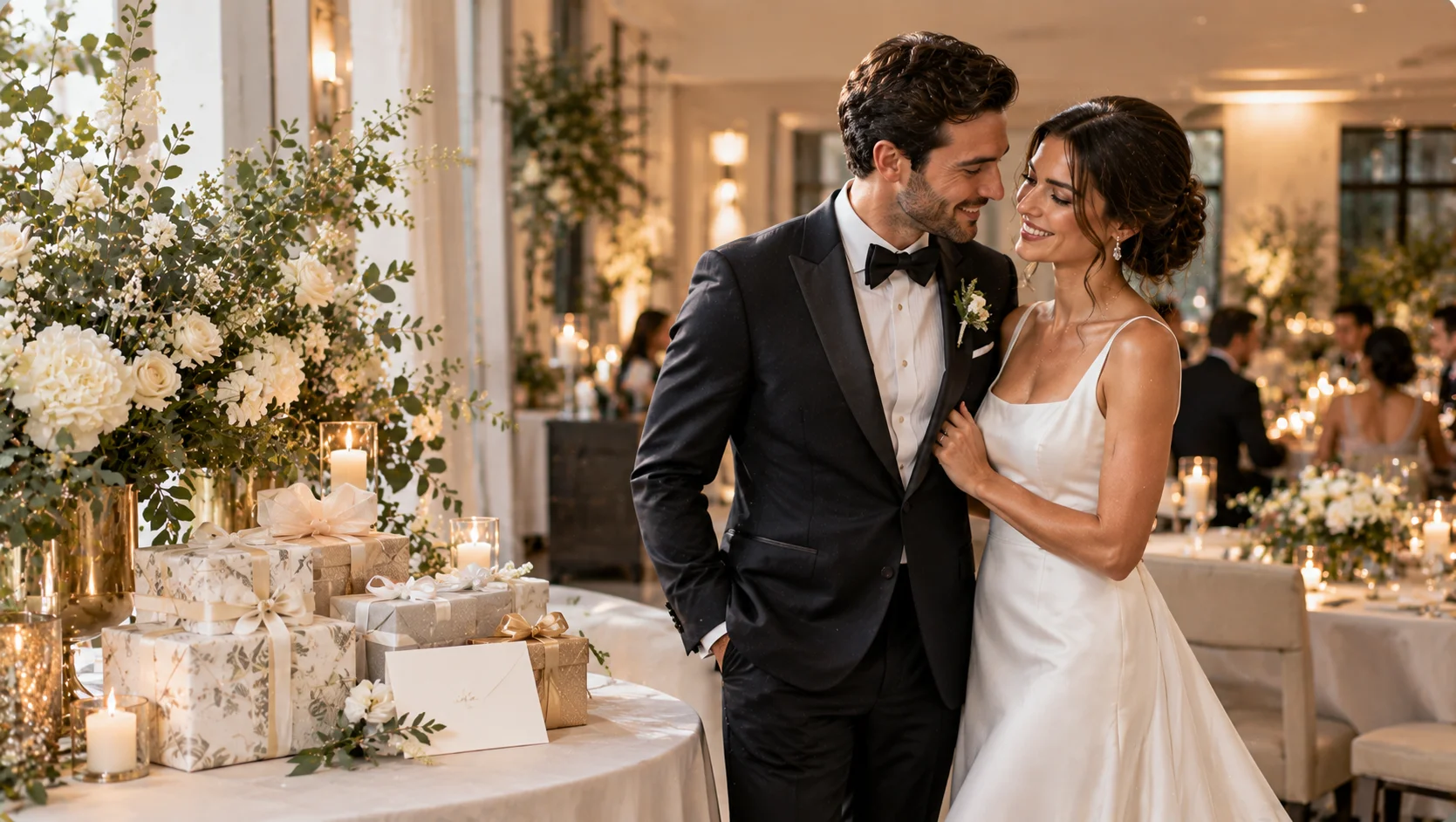 Newlywed couple with wedding gifts at an elegant reception