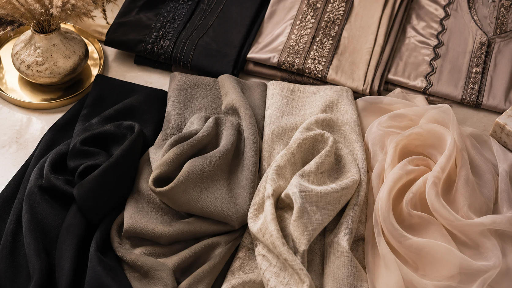 Nida, crepe, linen blend and chiffon fabric swatches for Dubai abayas