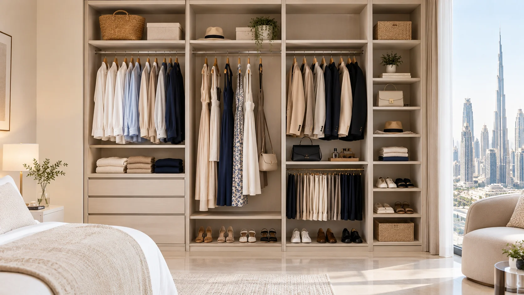 Organized minimalist wardrobe with versatile clothing