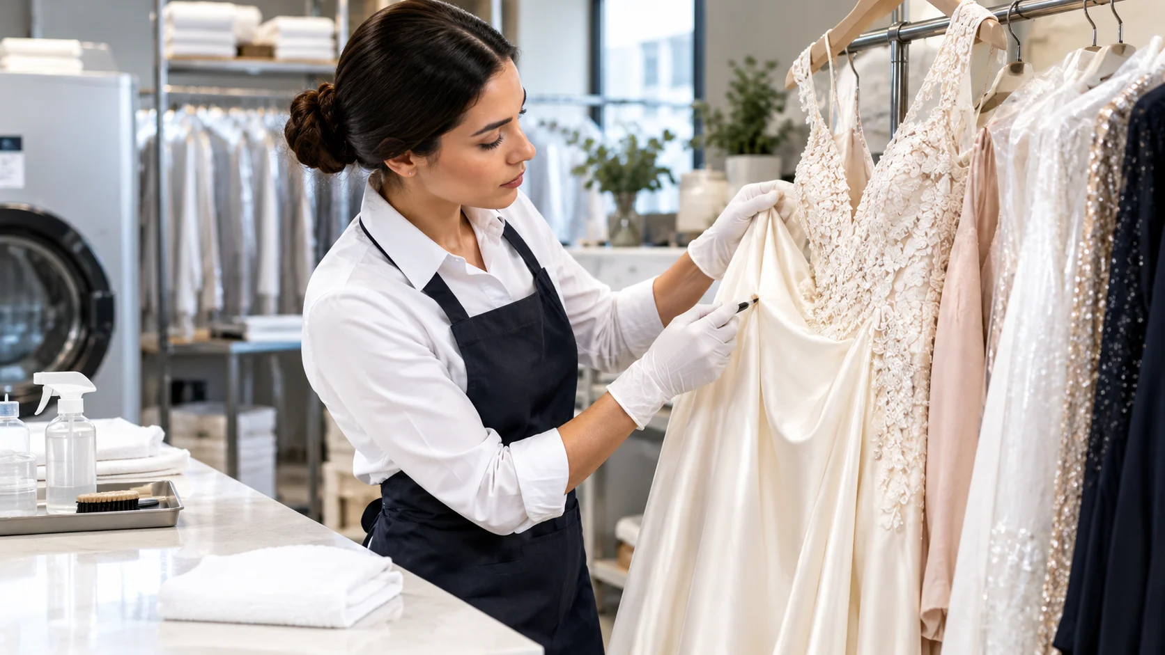 Professional cleaner treating a delicate stained garment