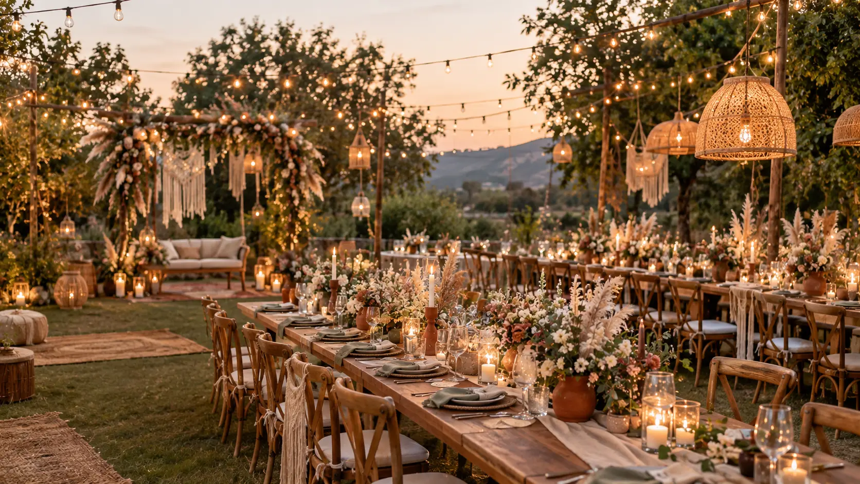 Rustic boho outdoor wedding reception with wooden tables and string lights