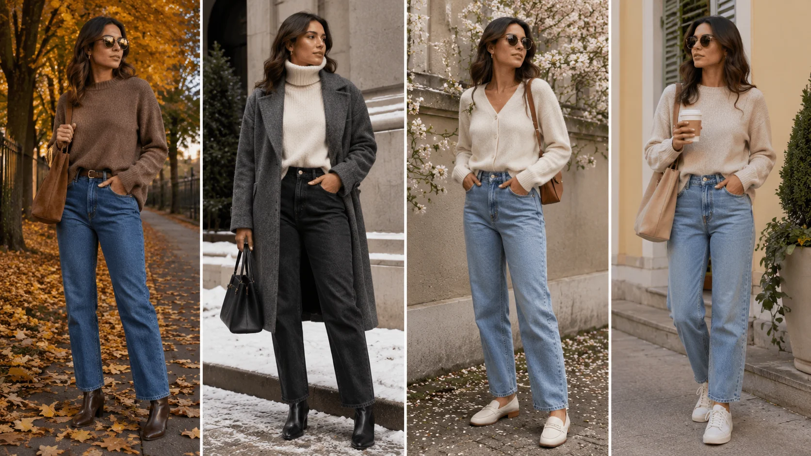 Seasonal sweater and jeans outfit ideas for different weather