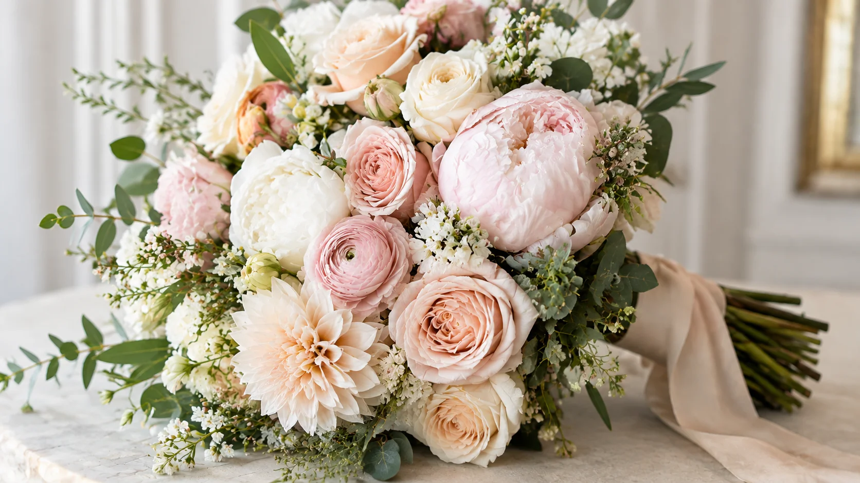 Seasonal wedding flowers arranged in an elegant bridal bouquet