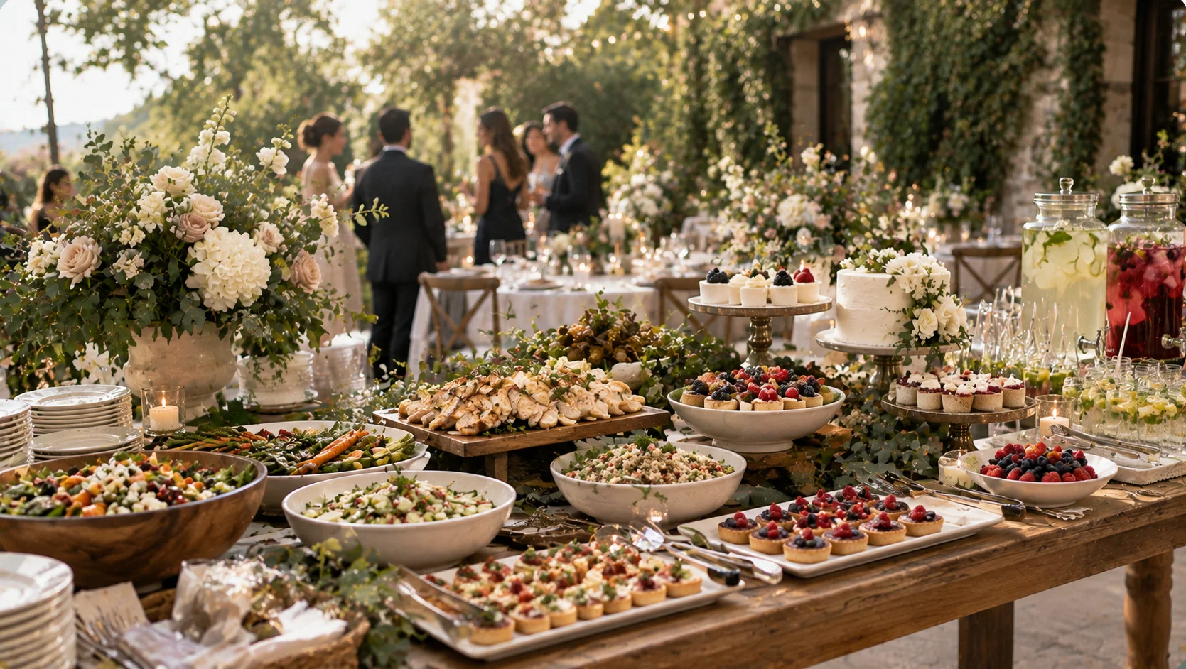 Simple wedding buffet with food and non-alcoholic drinks