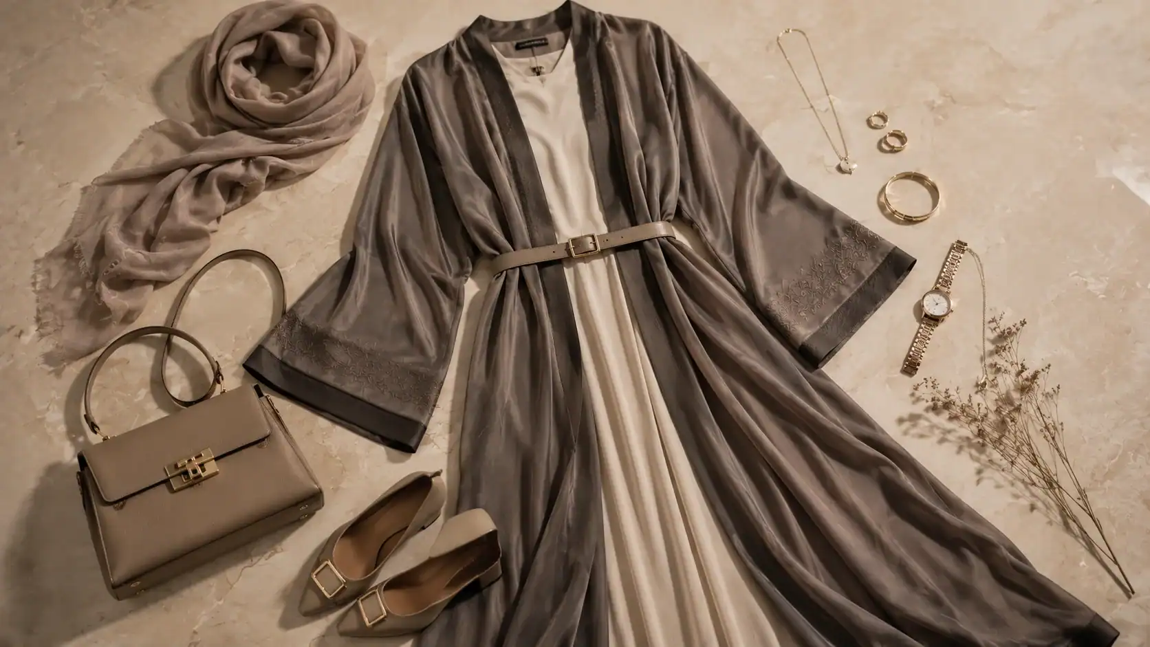 Styling flat-lay for a modern abaya with belt, bag, heels and gold jewellery