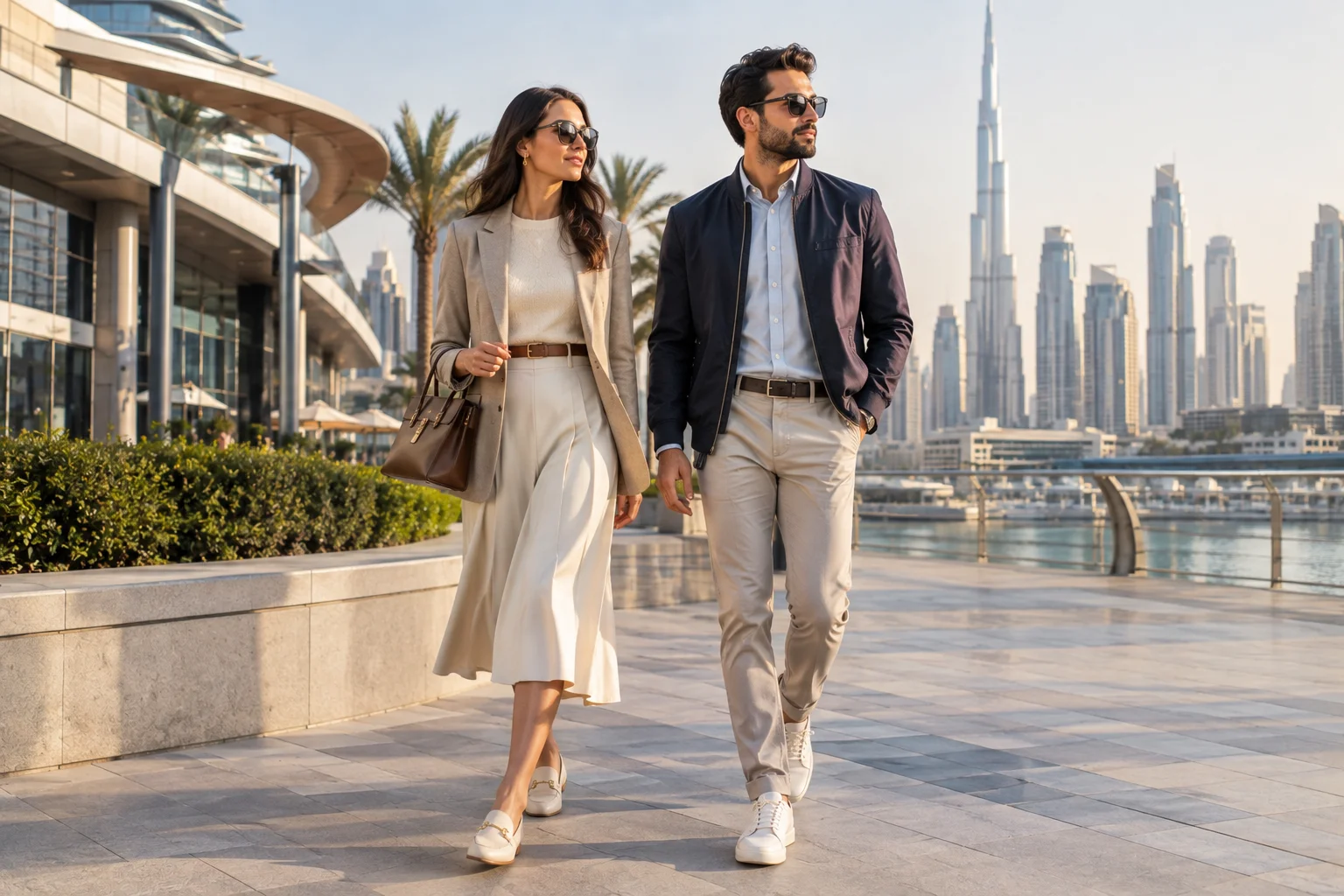 Stylish man and woman wearing light winter layers in Dubai