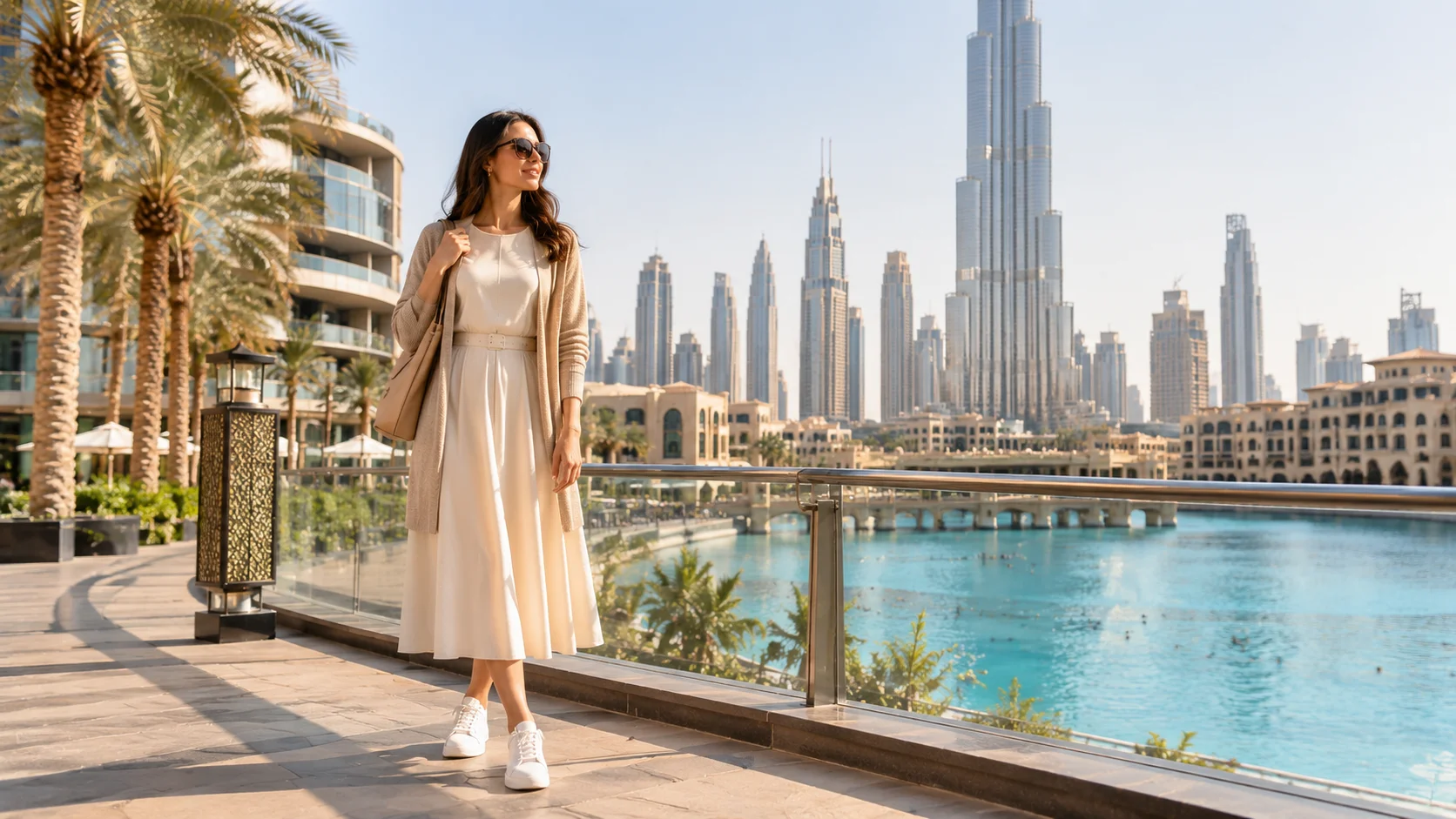 Stylish woman wearing a modest outfit in Dubai