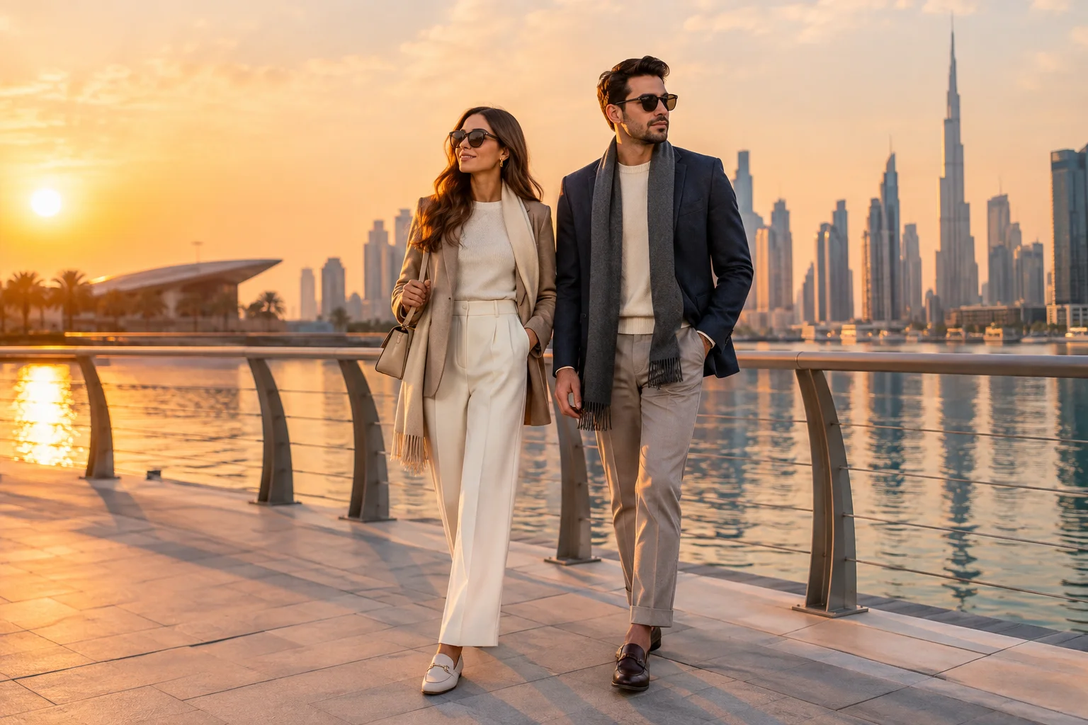 Two people in light winter layers walking along a Dubai waterfront at sunset