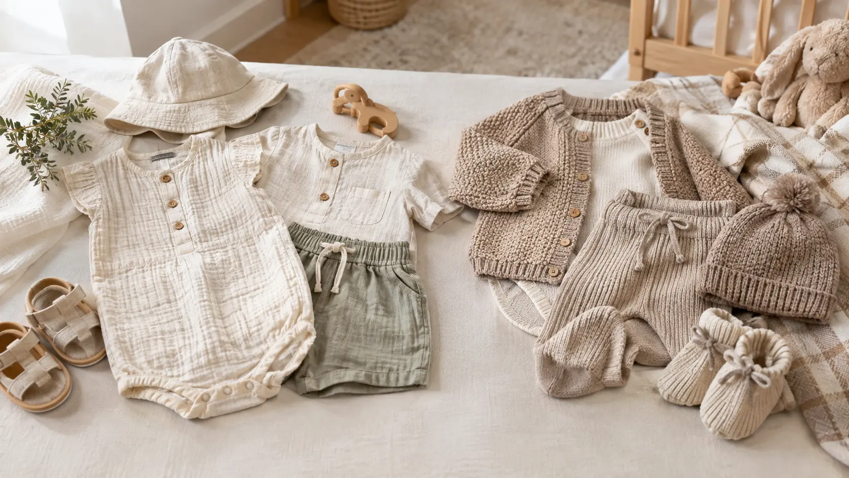Warm and cold weather baby outfits made from breathable natural fabrics