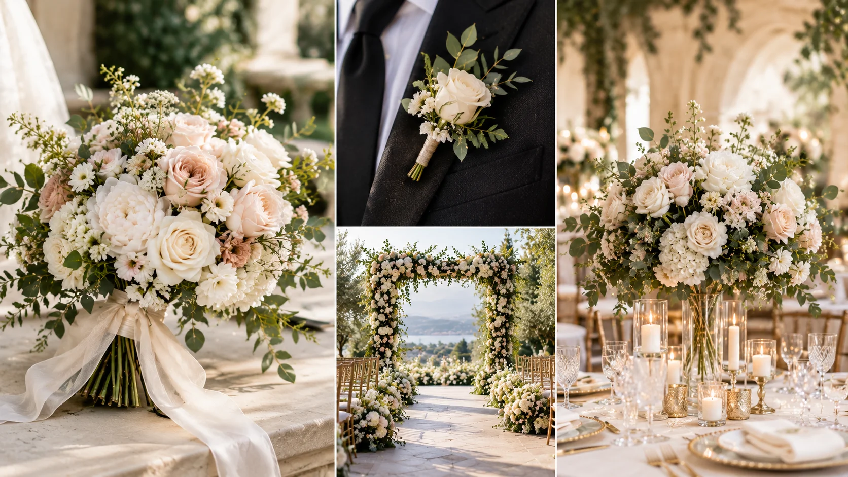 Wedding bouquet boutonniere ceremony flowers and reception centerpiece