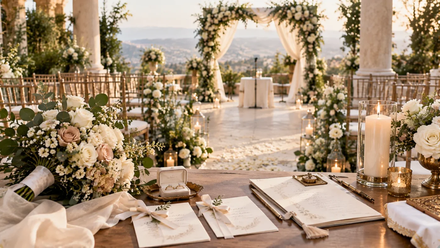 Wedding-ceremony-setup-with-rings-vows-flowers-programs-and-ceremony-details