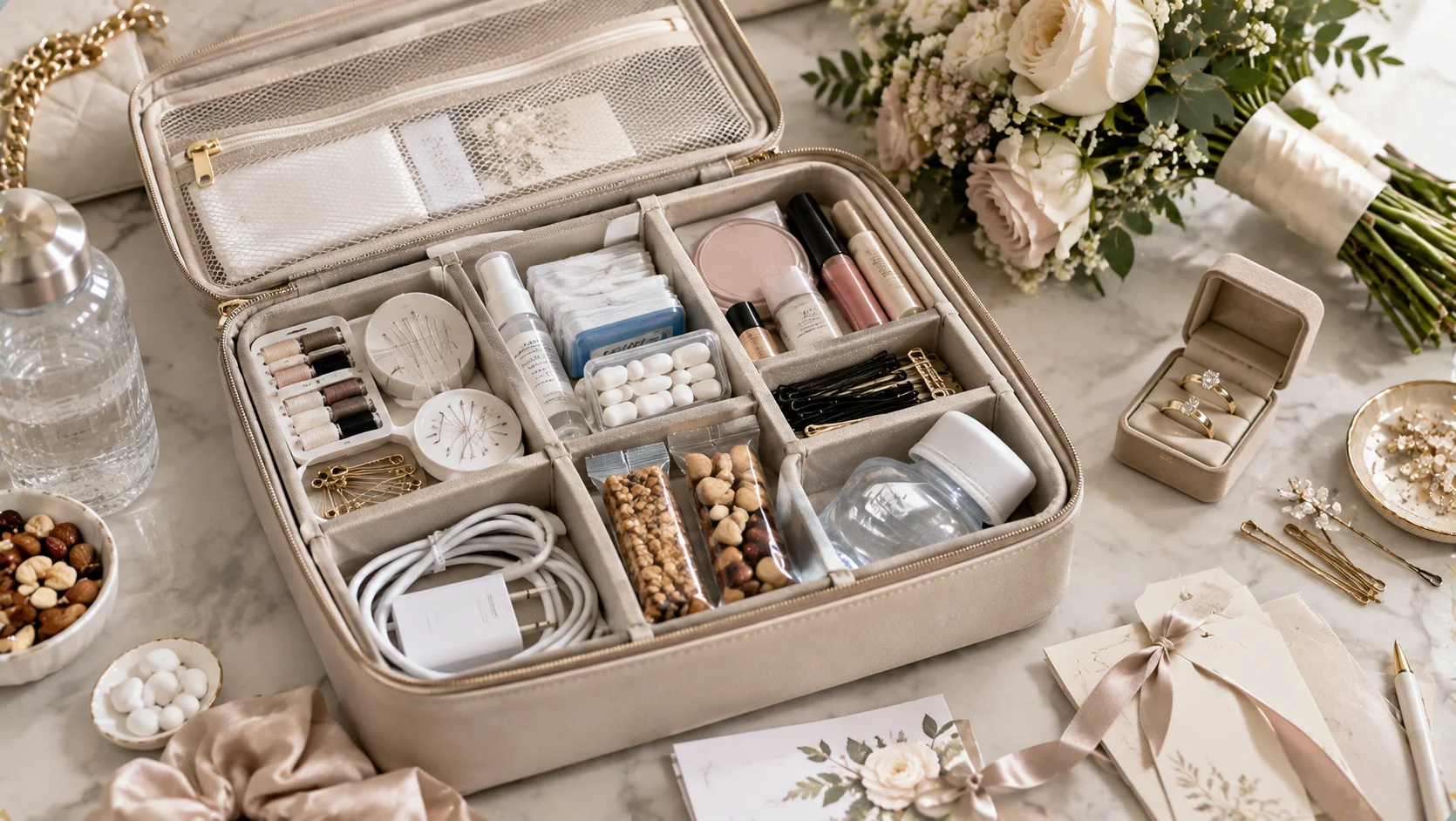 Wedding day emergency kit containing sewing supplies fashion tape tissues beauty items charger water and snacks