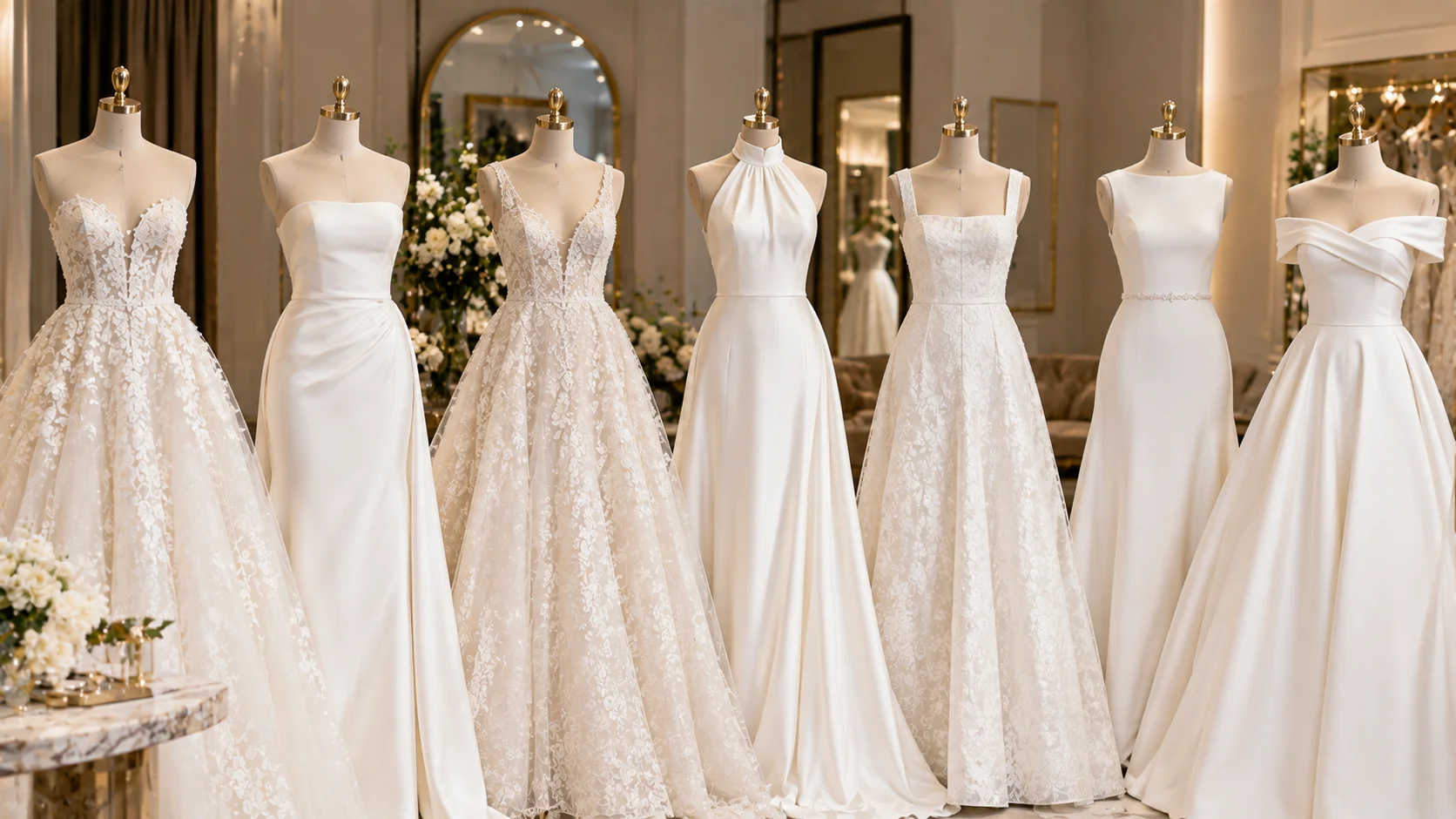 Wedding dresses displayed with different neckline styles for brides to compare