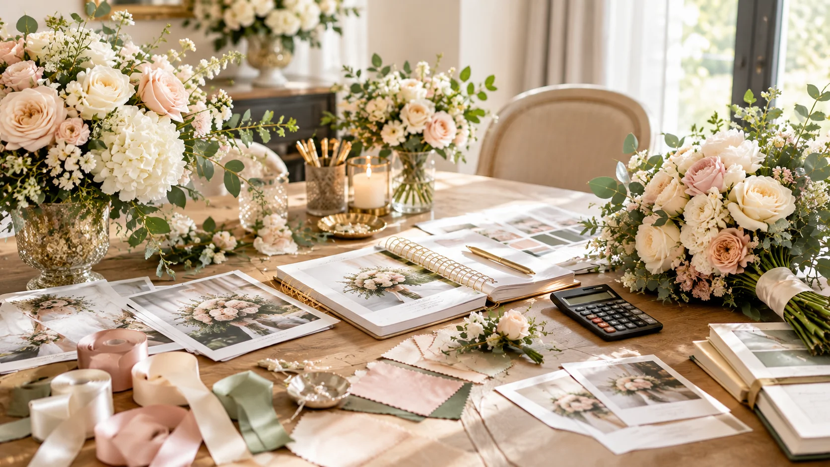 Wedding flower planning workspace with floral arrangement samples