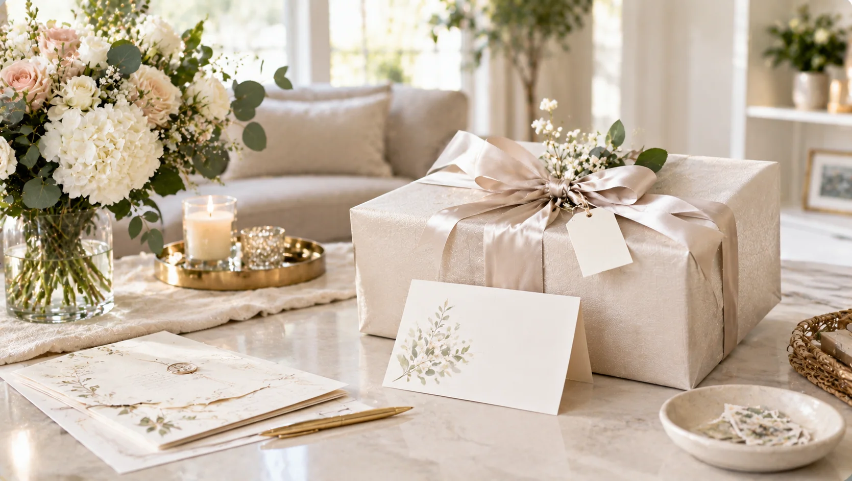 Wedding gift and congratulations card prepared before the wedding