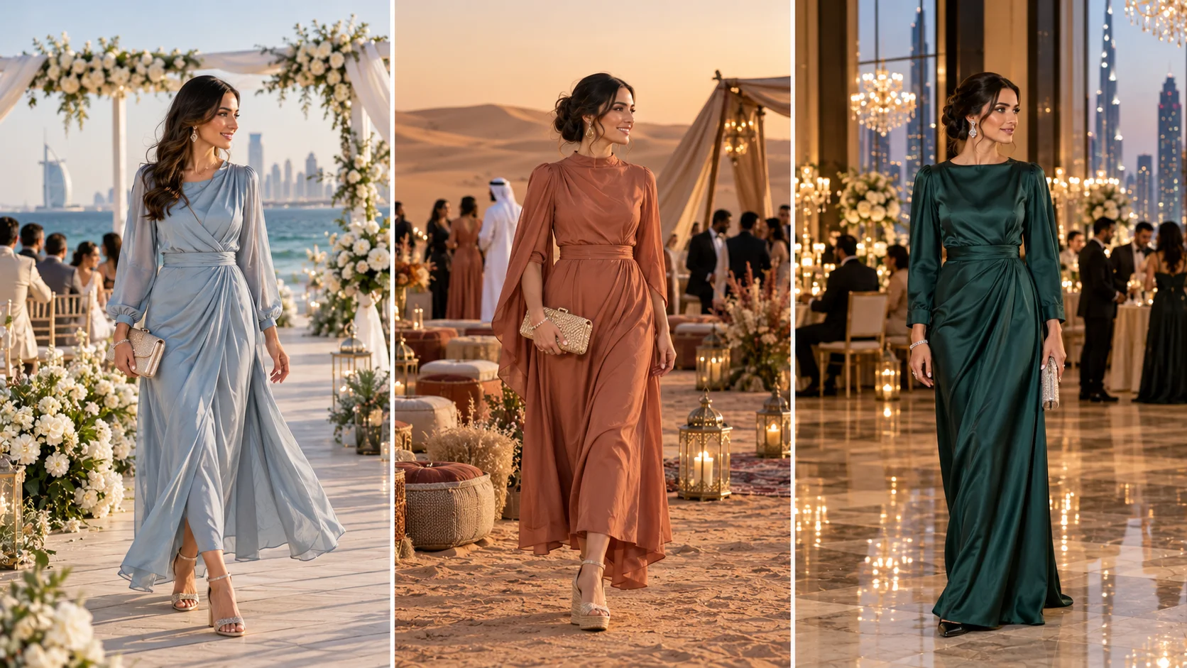 Wedding guest outfits and footwear for Dubai beach desert and ballroom venues