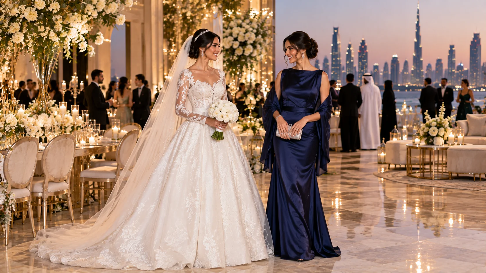 Wedding guest wearing a non white dress beside the bride