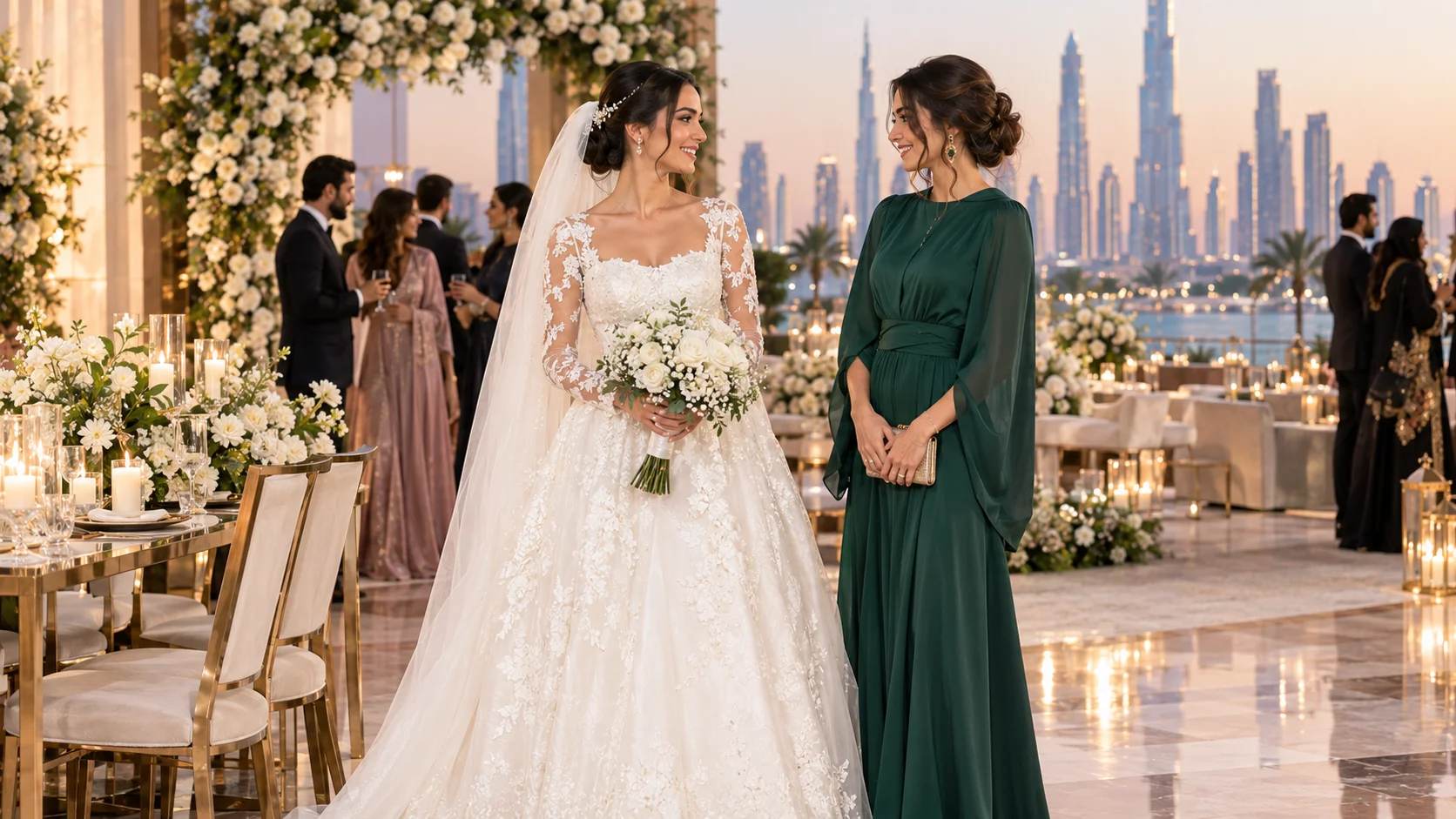 Wedding guest wearing a non-white dress beside the bride