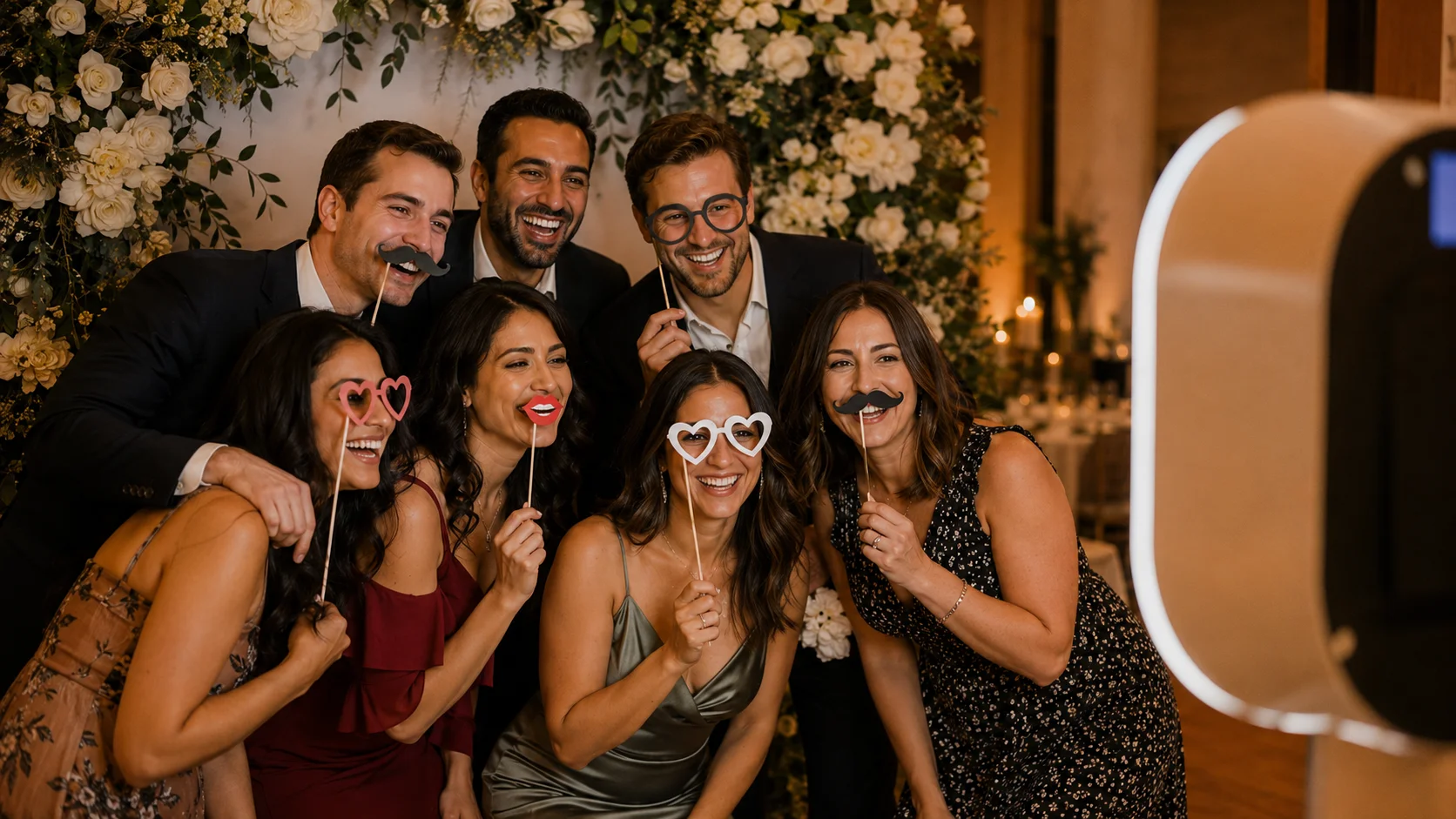Adult wedding guests enjoying a stylish photo booth with tasteful props and a floral backdrop