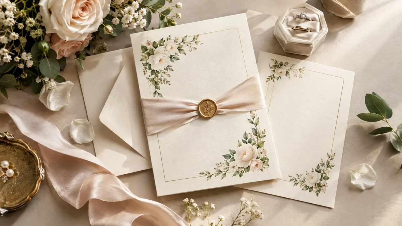 Wedding-invitations-and-stationery-arranged-with-wedding-rings-and-flowers.