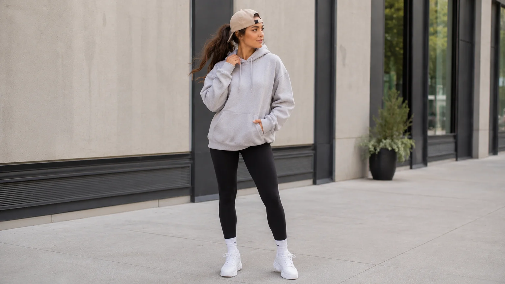 Woman wearing a backwards snapback hat with a high ponytail, hoodie and leggings