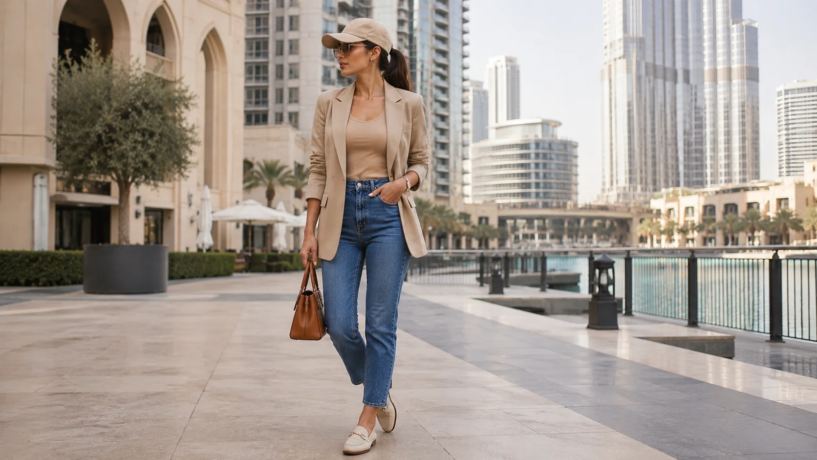Woman with a low ponytail in a blazer and jeans