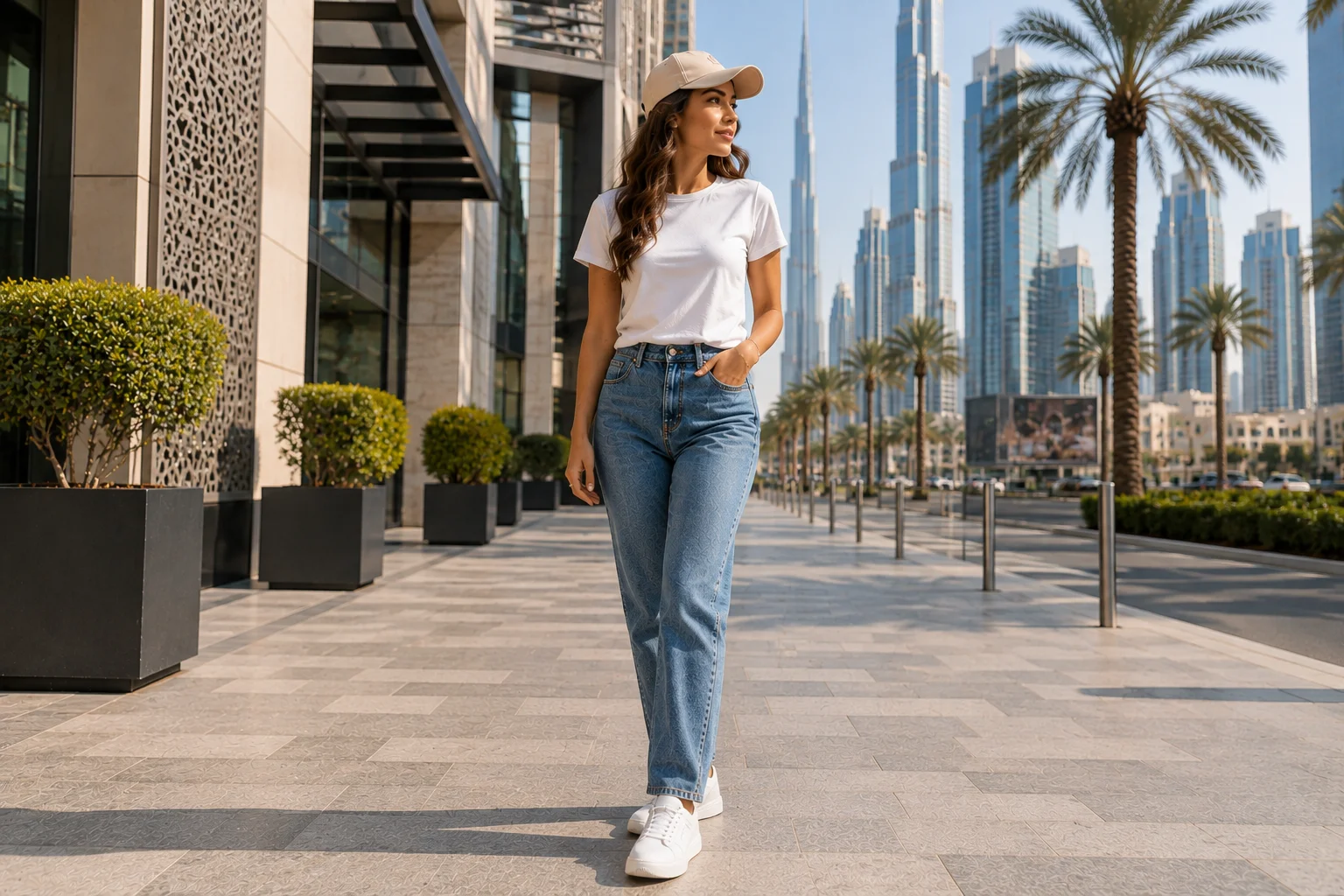 Woman in a white T-shirt and blue jeans