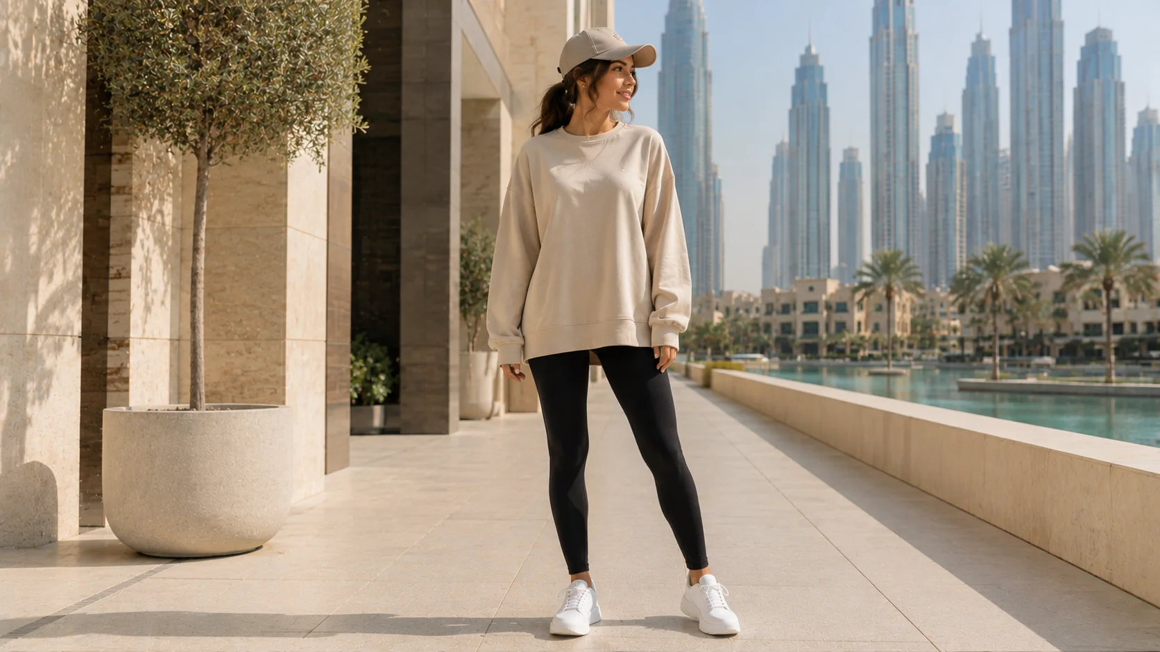 Woman in leggings and an oversized sweatshirt