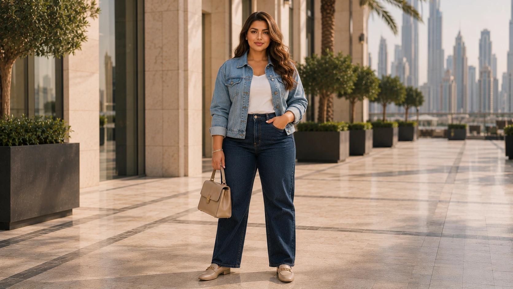 Woman wearing a contrasting double denim outfit with jeans and a denim jacket