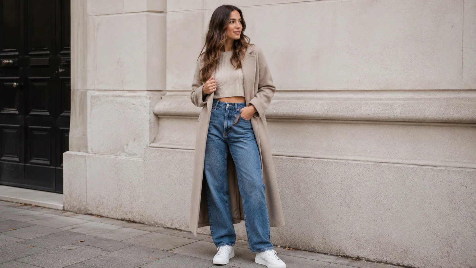 Woman wearing a cropped sweater with high-waisted blue jeans