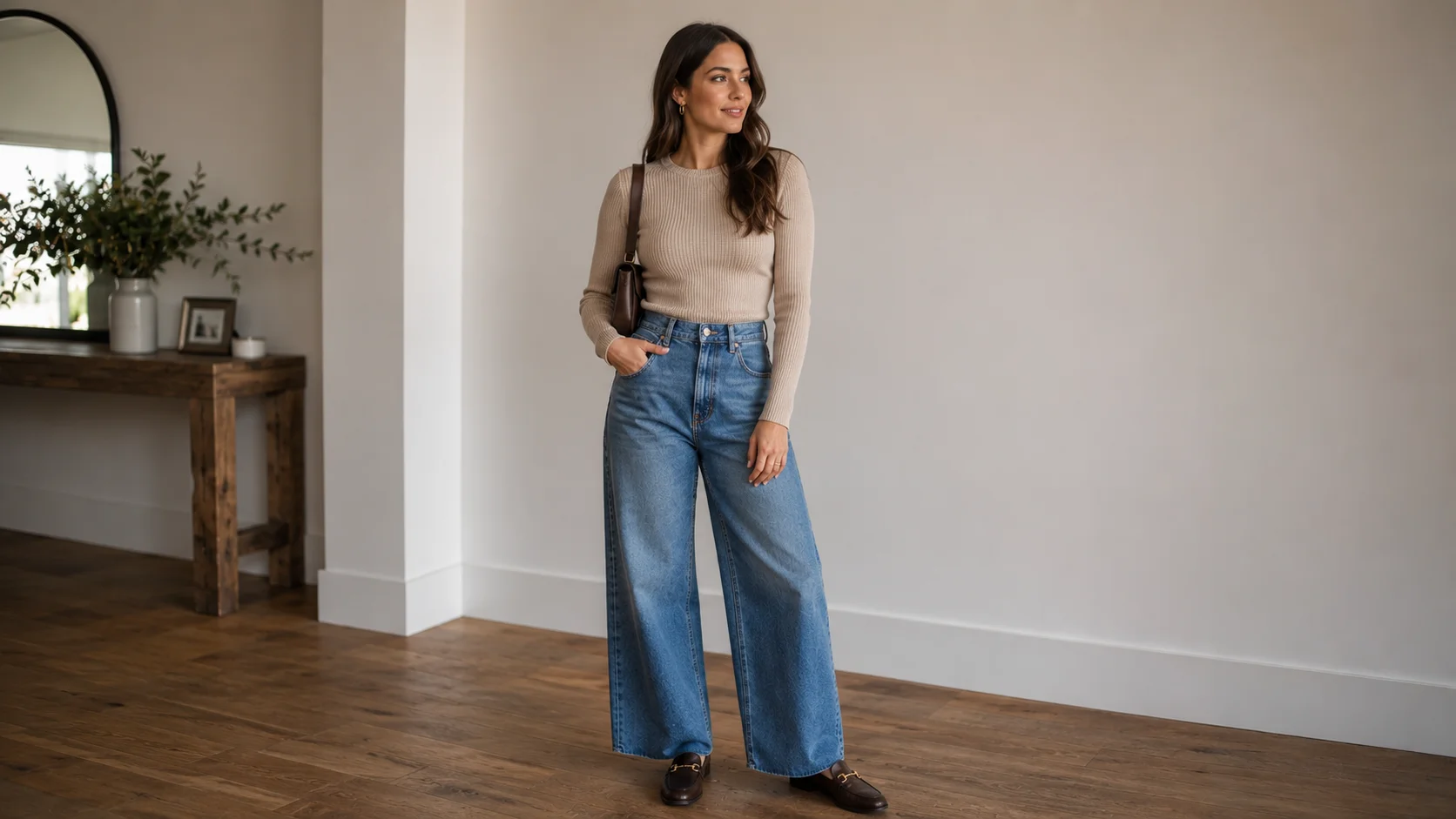 Woman wearing a fitted sweater with high-waisted wide-leg jeans