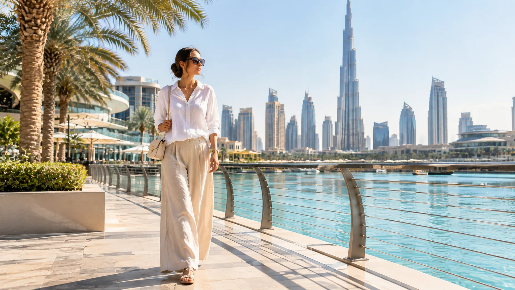 Woman wearing a lightweight linen summer outfit in Dubai