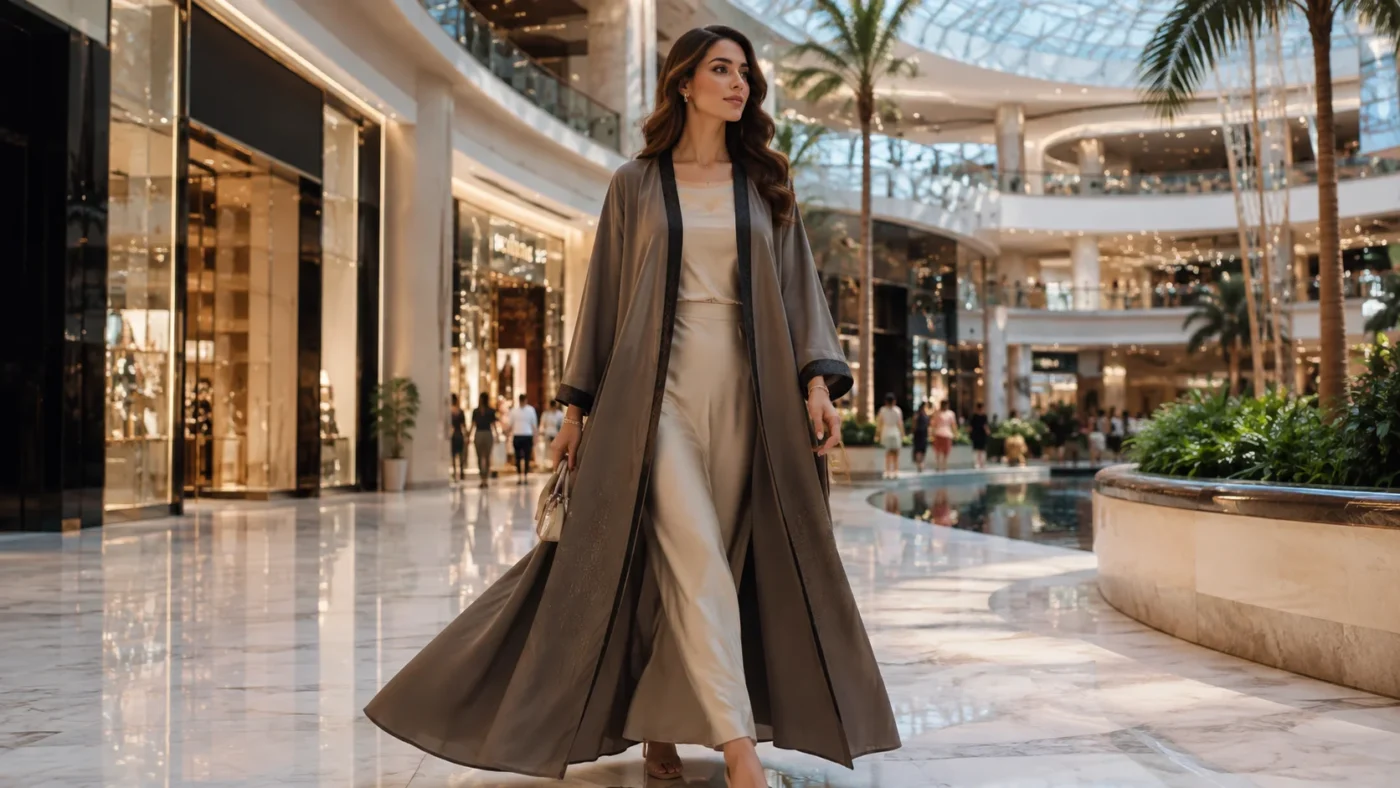Woman-wearing-a-modern-open-front-abaya-in-a-Dubai-shopping-mall