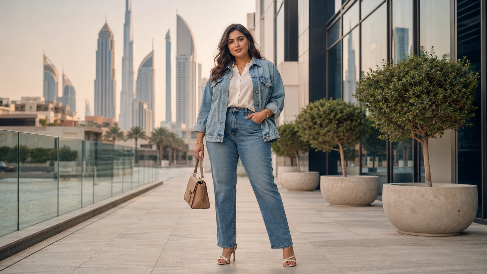 Woman wearing a stylish washed denim outfit in Dubai