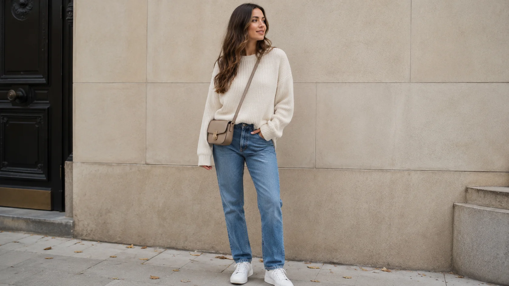 Woman wearing an oversized cream sweater with straight-leg jeans and sneakers
